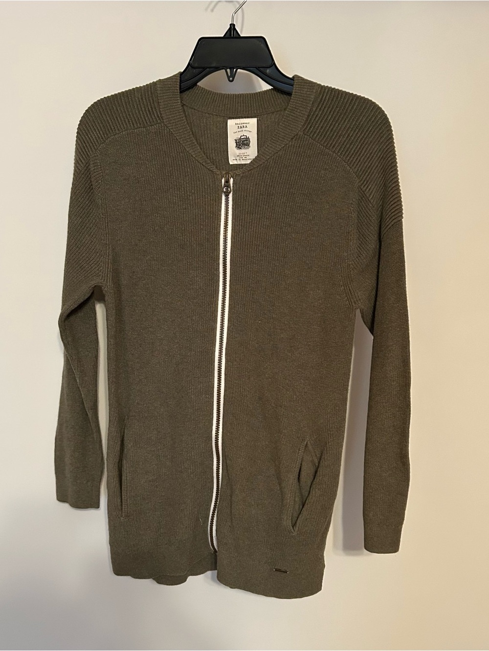 Zara Men's Olive Full-Zip Knit Sweater